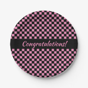 Pink and Black Chequerboard Custom Paper Plate