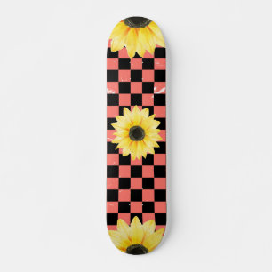 pink and black Chequered & Sunflower Skateboard