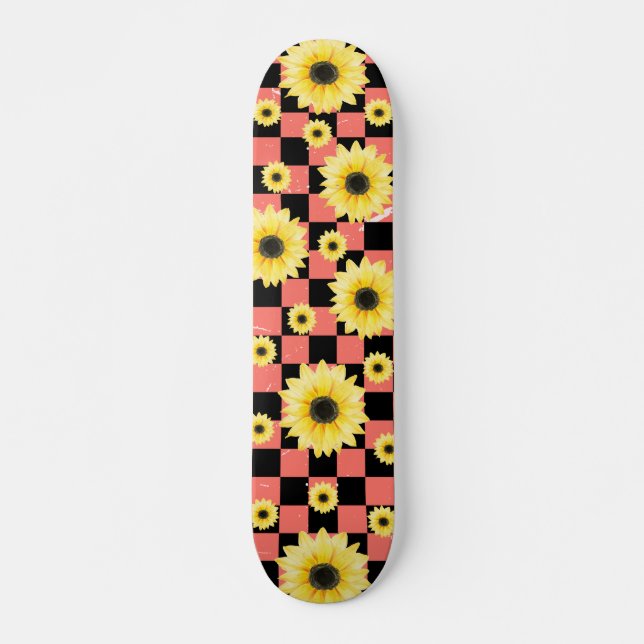 pink and black Chequered & Sunflower  Skateboard (Front)