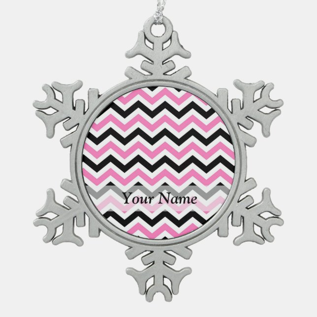 Pink and black chevron pattern snowflake pewter christmas ornament (Front)