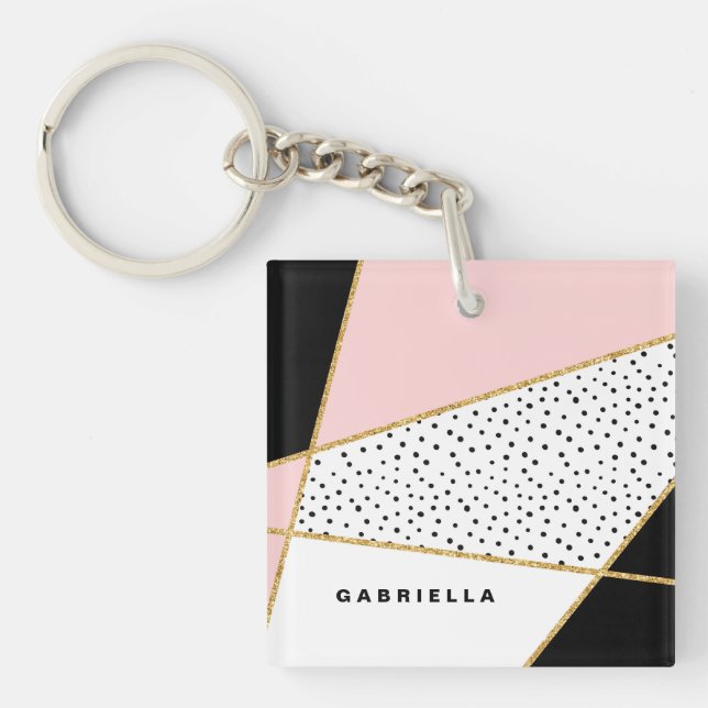 Pink and Black Chic Abstract Pattern Custom Key Ring (Front)