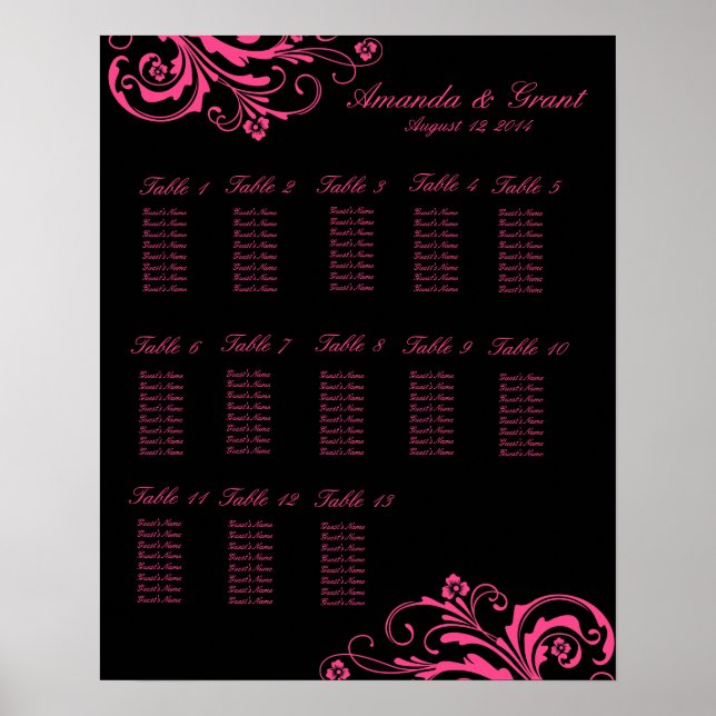 Pink and Black Chic Flourish Seating Chart (Front)