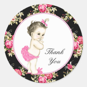 Pink and Black Chintz Rose Baby Shower Classic Round Sticker