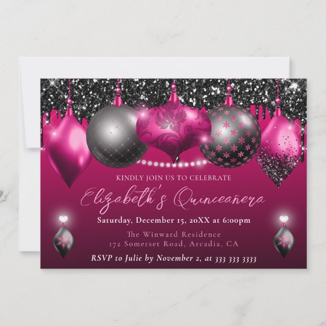 Pink and Black Christmas Ornament Quinceanera Invitation (Front)