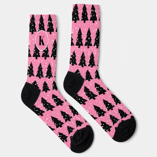 Pink and Black Christmas Tree Crew Socks (Right)