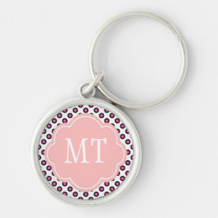 pink and black circle polka dots monogram key ring