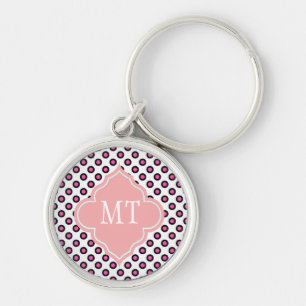 pink and black circle polka dots monogram key ring