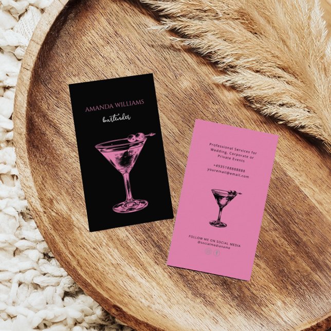 Pink and Black Cocktail Professional Bartender Business Card (Creator Uploaded)