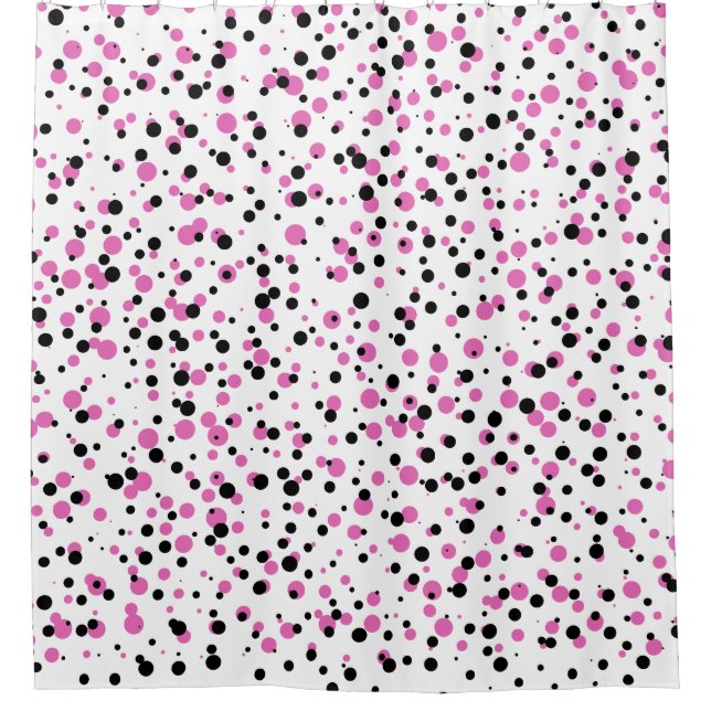 Pink and Black Confetti Dots Pattern on White Shower Curtain (Front)