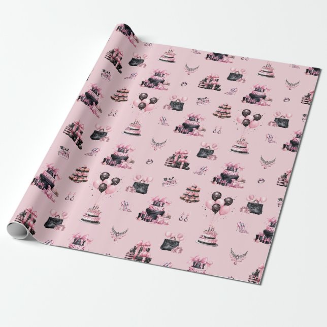 Pink and Black Couture Fashion Birthday Pattern Wrapping Paper (Unrolled)