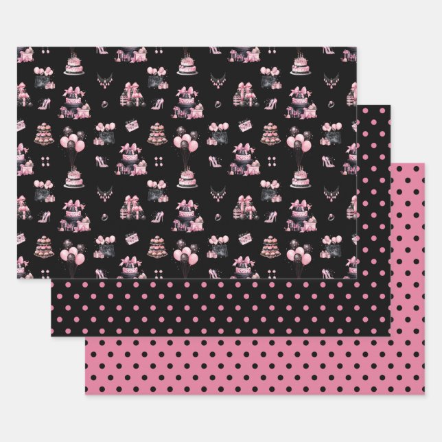 Pink and Black Couture Fashion Birthday Pattern Wrapping Paper Sheet (Set)