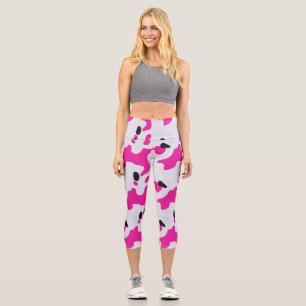 Pink and Black Cow Print Pattern Capri Leggings