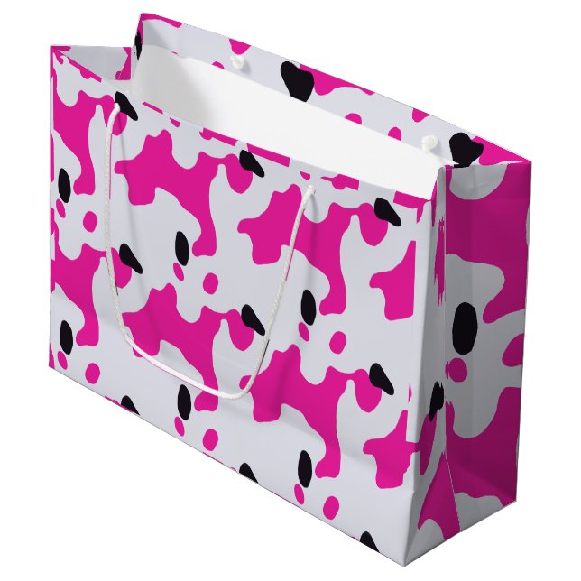 Pink and Black Cow Print Pattern Large Gift Bag (Front Angled)