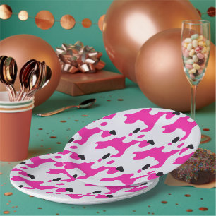 Pink and Black Cow Print Pattern Paper Plate