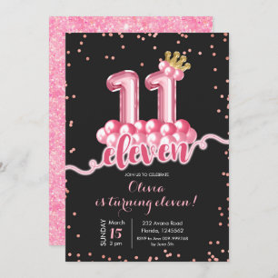Pink and Black Crown Balloon Eleven Birthday Invitation