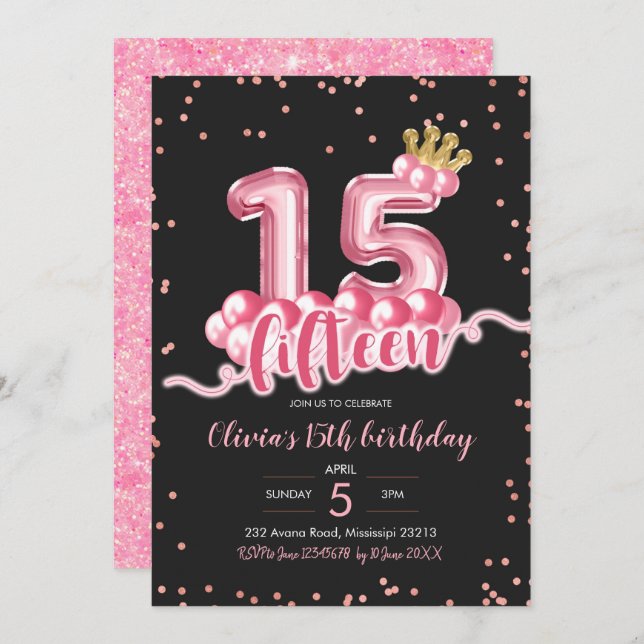 Pink and Black Crown Balloon Fifteen Birthday Invitation (Front/Back)