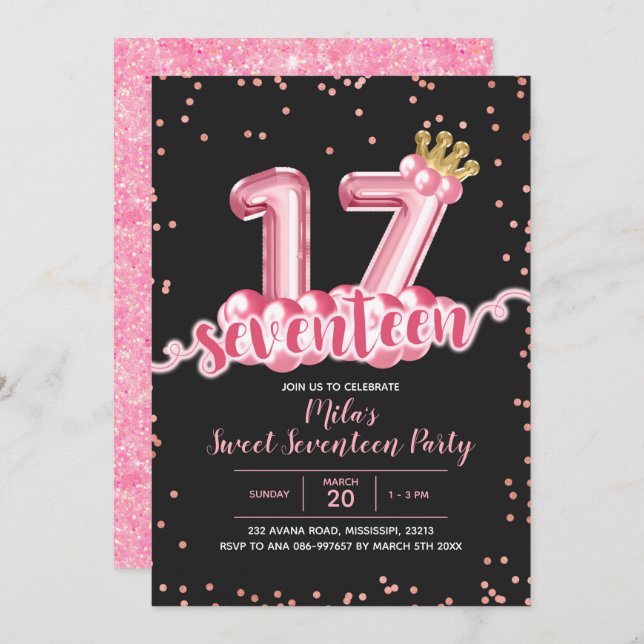 Pink and Black Crown Balloon Seventeen Birthday In Invitation (Front/Back)