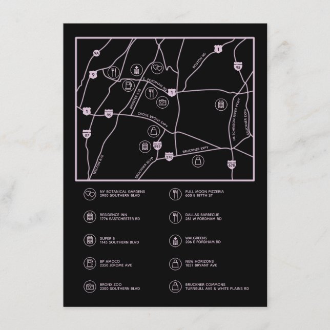 Pink and Black Custom Wedding Map Enclosure Card (Front)
