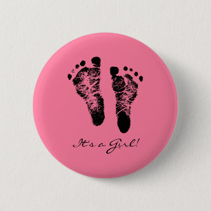 Pink and Black Cute Baby Footprints Its a Girl 6 Cm Round Badge