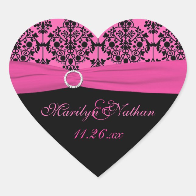 Pink and Black Damask 1.5" Heart Shape Sticker (Front)