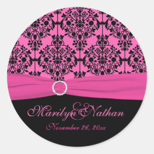Pink and Black Damask 1.5" Round Sticker