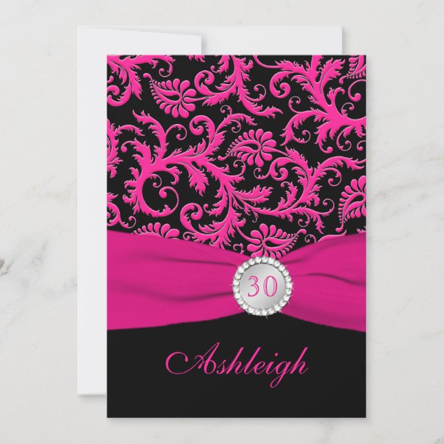 Pink and Black Damask 30th Birthday Invitation (Front)