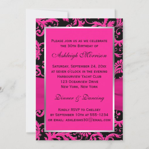 Pink and Black Damask 30th Birthday Invitation | Zazzle