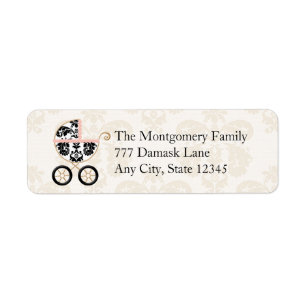 Pink and Black Damask Baby Carriage Return Address Label