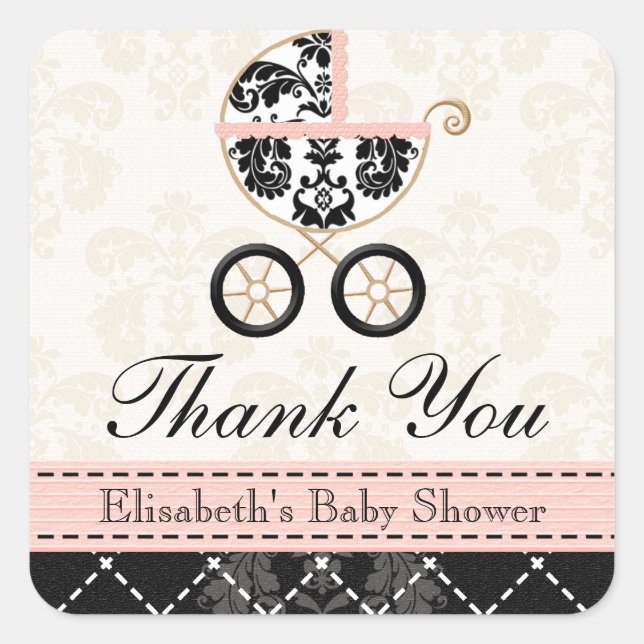 Pink and Black Damask Baby Carriage Thank You Square Sticker (Front)
