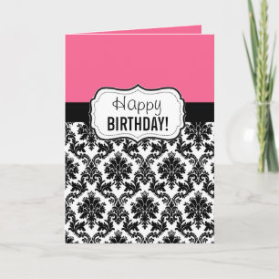 Pink and Black Damask, Birthday Card