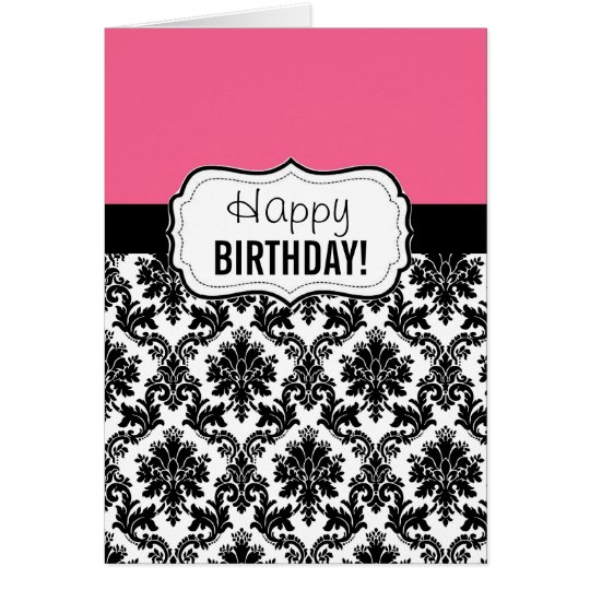 Pink and Black Damask, Birthday Card