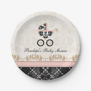 Pink and Black Damask Carriage Baby Shower Paper Plate