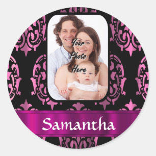 Pink and black damask classic round sticker