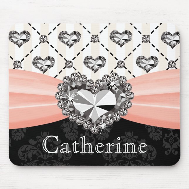 Pink and Black Damask Diamond Mouse Pad Heart (Front)