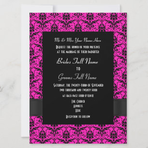 Pink and black damask formal wedding invitation