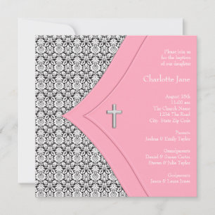Pink and Black Damask Girl Baptism Christening Invitation