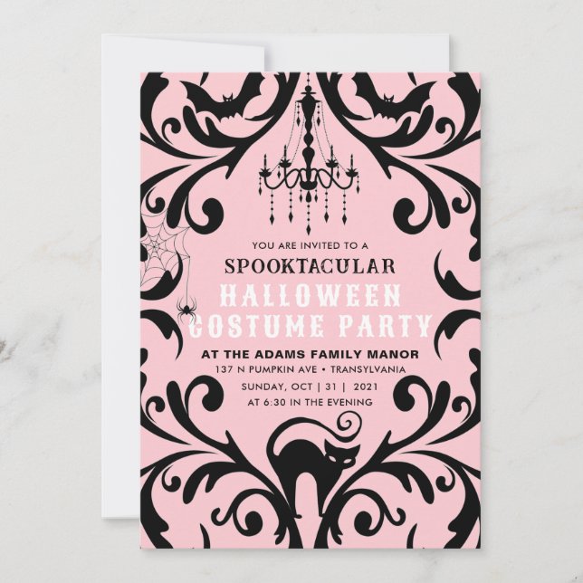 Pink and Black Damask Glam Halloween Costume Party Invitation (Front)