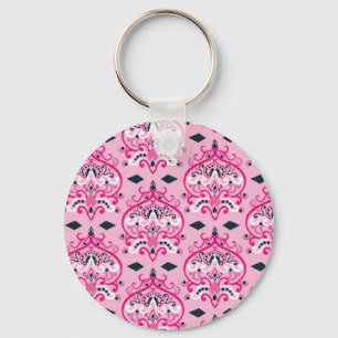 Pink and Black Damask Key Ring