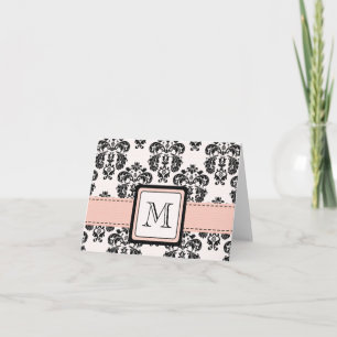 Pink and Black Damask Monogrammed Note Cards