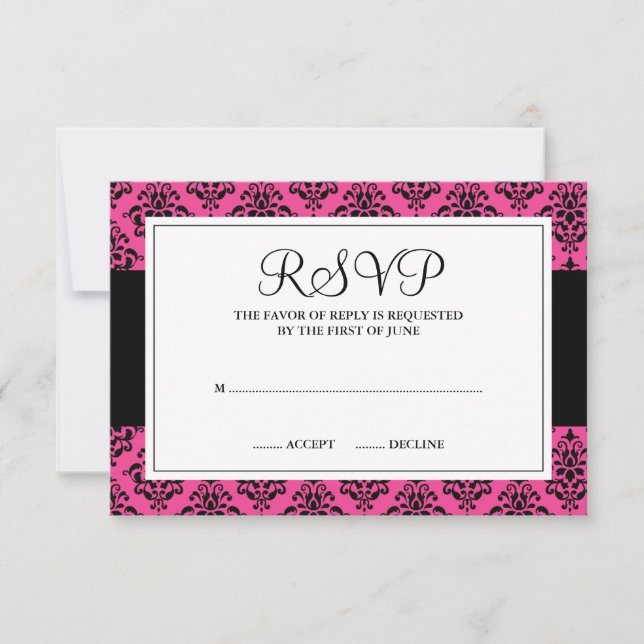 Pink and Black Damask Response Card (Front)