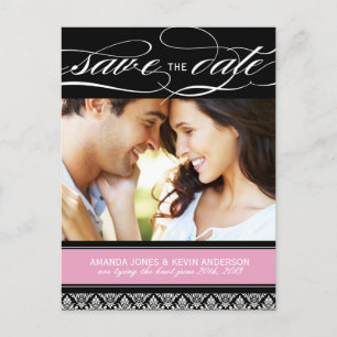 Pink and Black Damask Save the Date Announcement Postcard