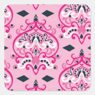Pink and Black Damask Square Sticker