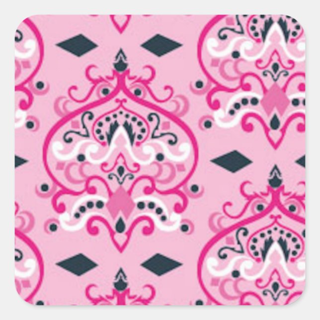 Pink and Black Damask Square Sticker (Front)