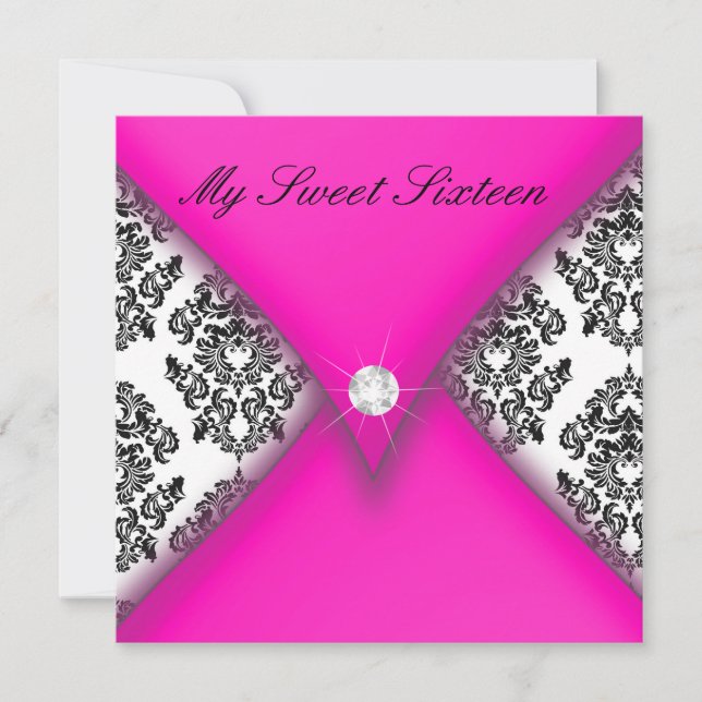 Pink and Black Damask Sweet Sixteen Invitation (Front)
