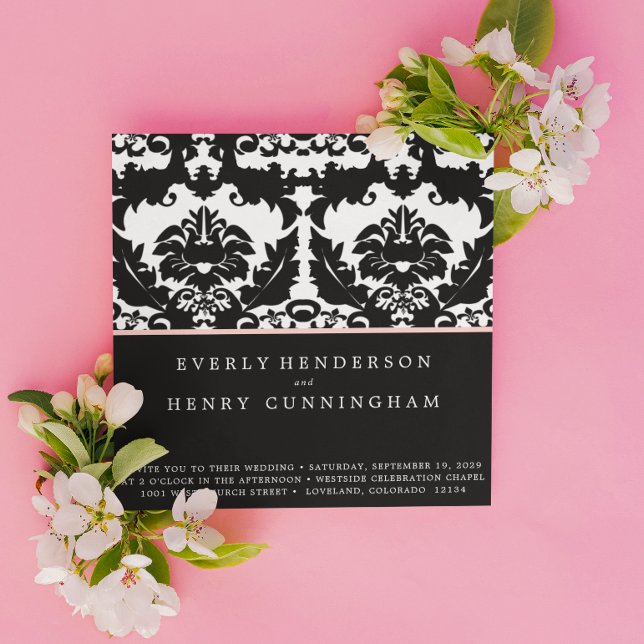 Pink and Black Damask Swirls Wedding Invitation (Creator Uploaded)