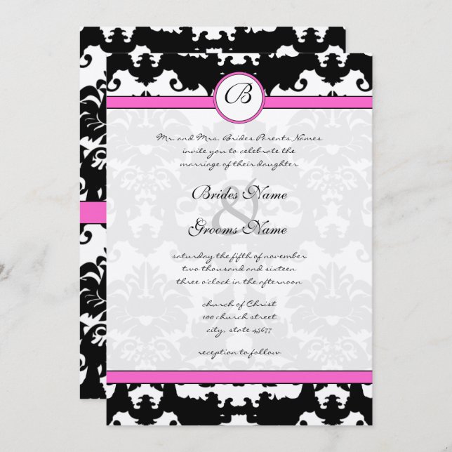 Pink and Black Damask Swirls Wedding Invitation (Front/Back)