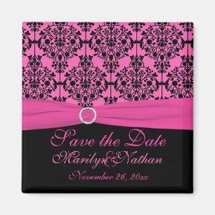 Pink and Black Damask Wedding Favour Magnet