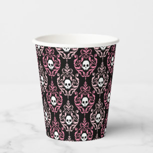 Pink and Black Damask with Skulls   Halloween Paper Cups