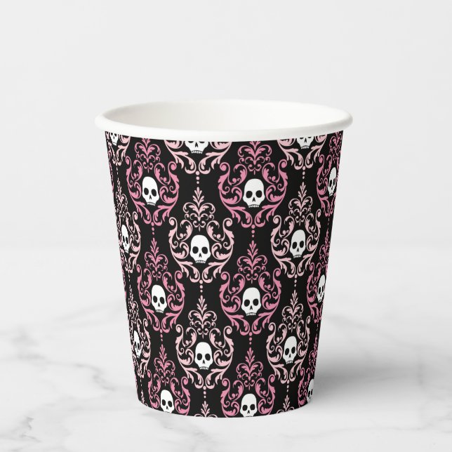Pink and Black Damask with Skulls | Halloween Paper Cups (Front)