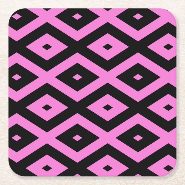 Pink and black diamond pattern square paper coaster (Front)